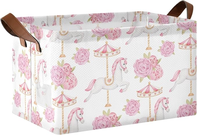Cute Carousel Horse with Pink Flower Baby Storage Basket with Label&Handles Rectangular Waterproof Nursery Storage Bins Collapsible Shelf Organizer Baskets for Kids Books Cloth Gift Toys Laundry