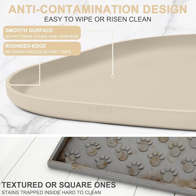 Smilool Silicone Pet Food Mat with Raised Edge for Food and Water Bowl, Dog Feeding Mats, Cat Food Trays for Floor Waterproof, Rubber Tray for Dogs and Cats, 19 x 12 x 0.7 Beige