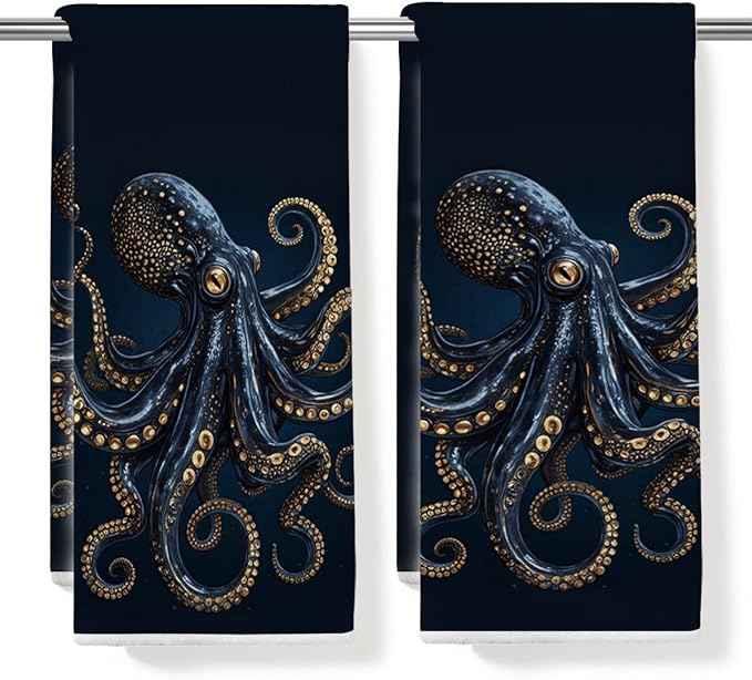 2PCS Goth Octopus Kitchen Towels 14x24 Inch, Absorbent Microfiber Decorative Dish Cloth Tea Towel, Dark Style Octopus Waffle Hand Towels for Kitchen Home Bathroom, Housewarming Gifts for Women