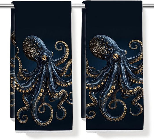 2PCS Goth Octopus Kitchen Towels 14x24 Inch, Absorbent Microfiber Decorative Dish Cloth Tea Towel, Dark Style Octopus Waffle Hand Towels for Kitchen Home Bathroom, Housewarming Gifts for Women