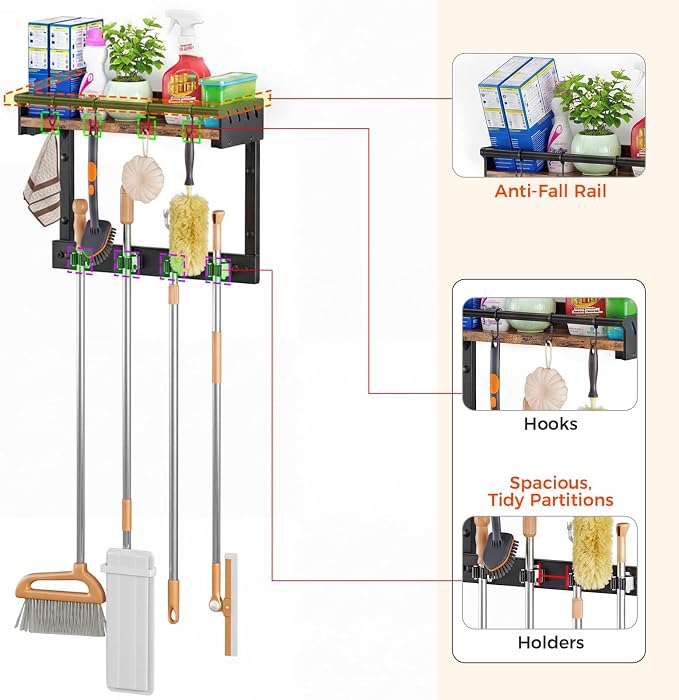 Broom Holder Wall Mount with Shelf,Broom Hanger with 4 Hooks,Broom and Mop Organizer Wall Hanging for Laundry,Garage, Utility,Broom Rack,Cleaning Supplies Organizer and Tool Storage,Black