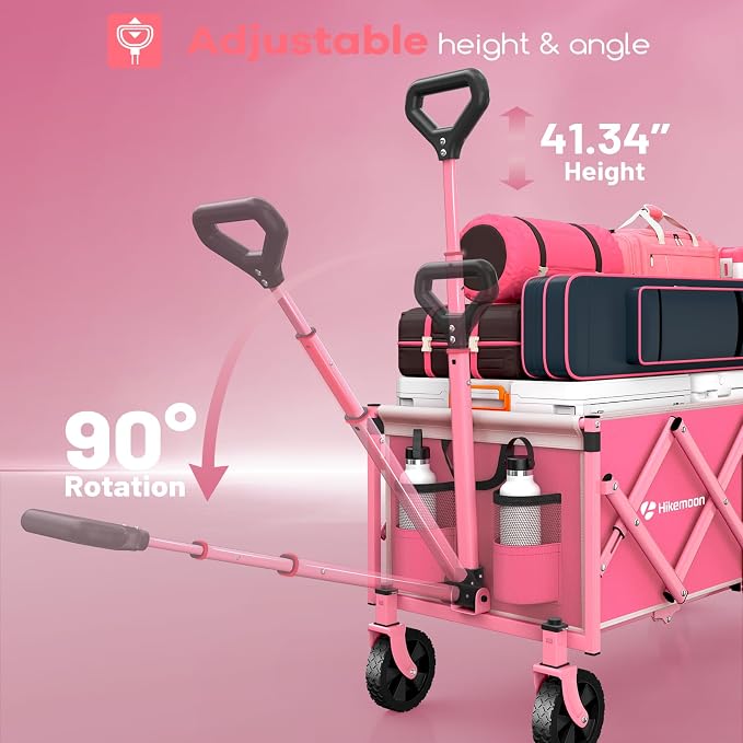 34'' Extra Long Folding Portable Wagon Cart, 120L 360LBS Pink | Wagons Carts Foldable, Heavy Duty, Collapsible Compact Storage, Utility for Shopping/Grocery/Garden/Camping/Sports