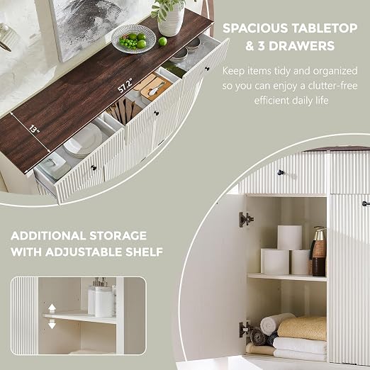 IFGET Triple Tilt Out Trash Can Cabinet, Modern Fluted Laundry Hamper Cabinet with 3 Drawers, 20 Gallon Hidden Wooden Garbage Can Cabinet w/Storage Basket & Adjustable Shelf, for Kitchen, White