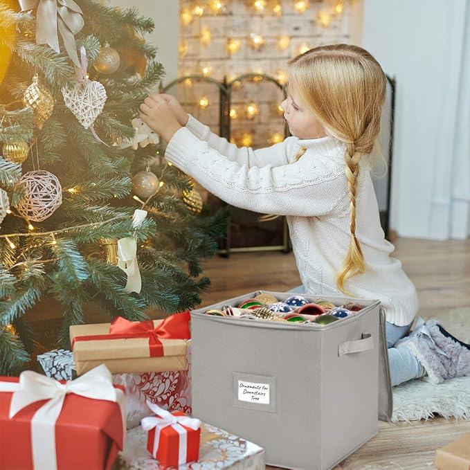 HOLDN’ STORAGE Christmas Ornament Storage Box - Christmas Decor Storage Containers that Store up to 64 – 3” x 3” Holiday Xmas Ornaments – Adjustable Compartment To Fit Many Sizes Ornaments – Grey.