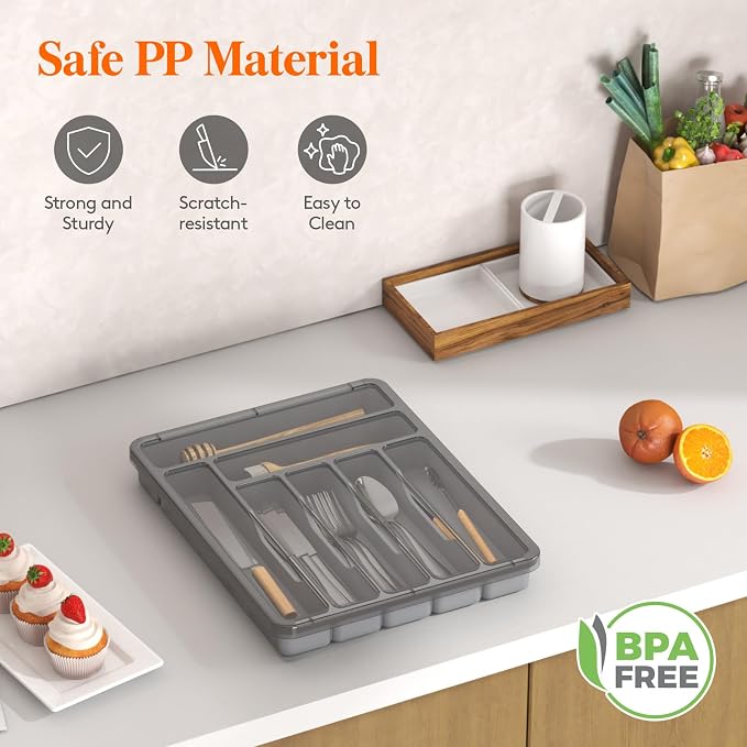 Lifewit Silverware Organizer with Lid, Covered Utensil Tray, 11.3x14.4 | Plastic Cutlery Storage Box for Kitchen Drawer and Countertop, Flatware Case Holder for Spoons Forks Knives, Gray