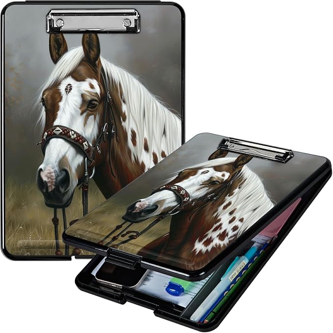 A4 Clipboard with Storage Pen Holder, Clipboards Organizer Nursing Clipboard Foldable File Folder Plastic Clipboard Folio Clip Board for Office Students Classroom Doctor Teacher, Horse