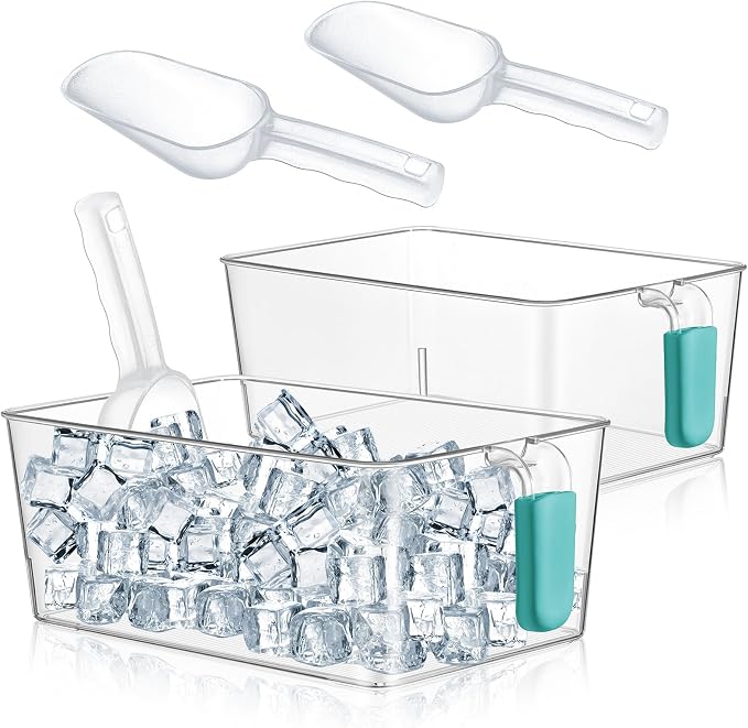 Havawish Ice Storage Bin and Flexible Scoop Set Plastic Freezer Bin | Freezer Ice Bin Scoop, Clear Bucket Container, Pull Handle, Flexible Storage, 10.83 X 7 X 4.33 in