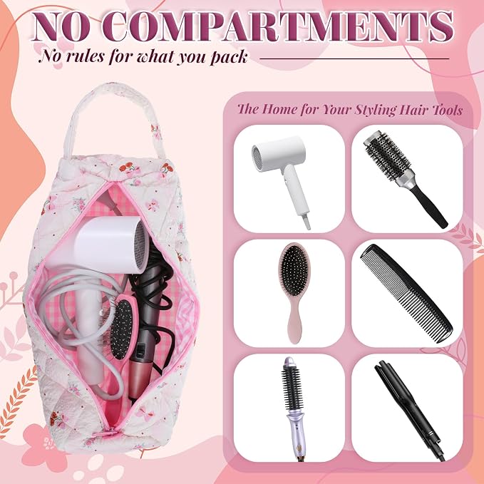 JJUNW 1 Pc Hair Tools Organizer Bag with Bow Pattern, Travel Bag Quilted Cosmetics Toiletry Organizer, Portable Pink Haircare Accessories for Curling Irons, Flat Irons, Hair Dryers Tools(Type 1)