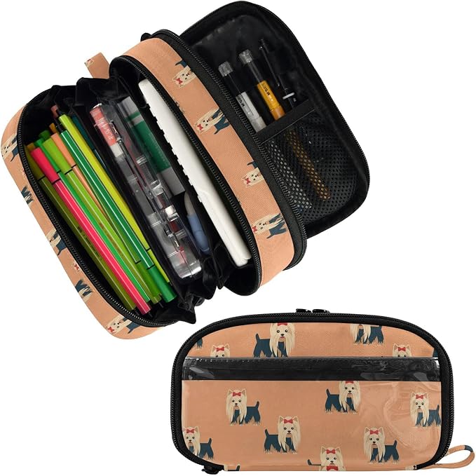 Cute Pets Dogs Orange pattern Large Capacity Pencil Case with Zipper Water Resistant Portable Organizer Pen Bag for Students Office School