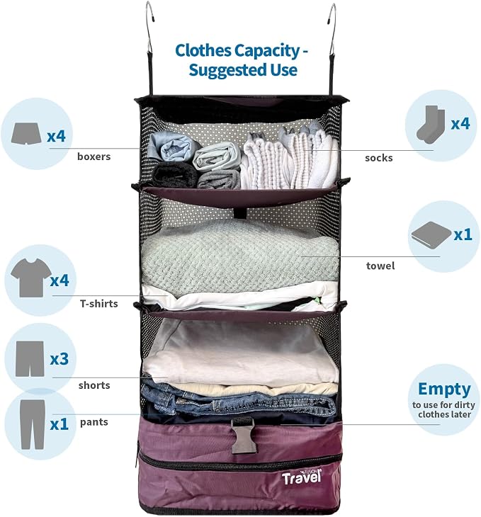 Stow-N-Go Hanging Travel Shelves, Packing Organizer for Luggage. Carry on Closet for Suitcase. Expandable Packing Cube. Travel Essentials. (Burgundy - L, L = (L) 11.8" x (W) 11.8")