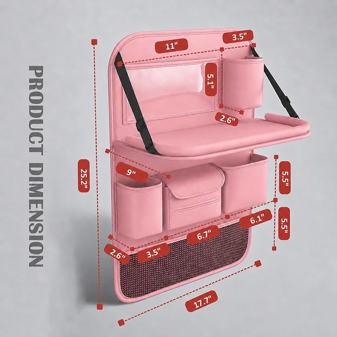 2 Pack Leather Car Backseat Organizer with Foldable Table Tray, Universal Car Seat Back Protector Kick Mat with Touchscreen Tablet Holder, Storage Pockets, Cup Holders & Tissue Holder, Pink