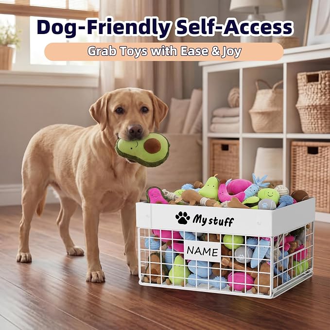 Kaiferty Indestructible X-Large Dog Toy basket, Chew-Proof Medium Toy Bin, Pet Toy Bin Dog Metal Basket for Toys, Puppy Toy Storage Organizer Blankets, Toy Box for Living Room Area (White)
