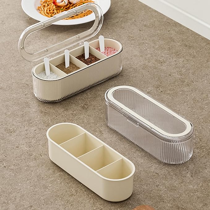 4 Dividers Condiment Pot with 4 Spoons, PP and PET Container Condiment Box | Clear Lid, Store Salt, Sugar, Pepper Powder, Cinnamon Powder, Cumin Powder, Parsley Flakes