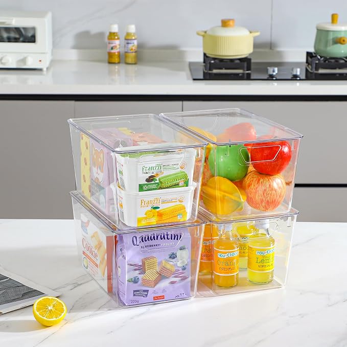 Freebat 6 Pack Clear Storage Bins with Lids, 7 Quart Pantry Organizer Bins | Large, Stackable Plastic Storage Containers, Pantry Organization for Office, Bedroom, Cabinet, Fridge,Kitchen Organization