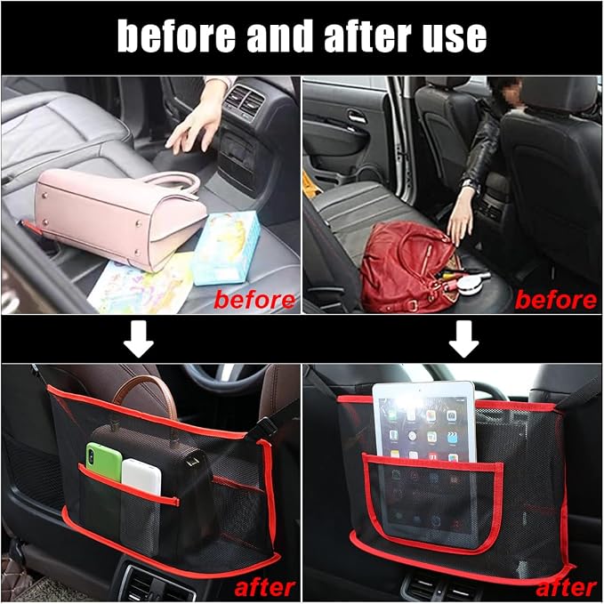 GLSOWEE Handbag Holder for Car, Auto Net Pocket Purse Holder Between Front Seats, Storage Organizer, Universal Accessories for Women and Men, Pet/Kids Barrier (Red)