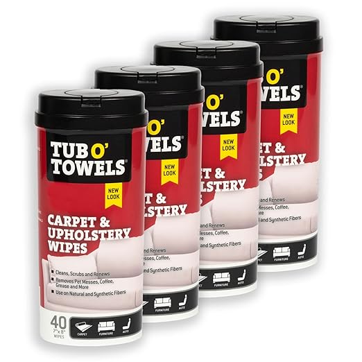 Tub O' Towels Carpet & Upholstrey Cleaning Wipes, 7" X 8", 40-Count Wipes, 4-Pack