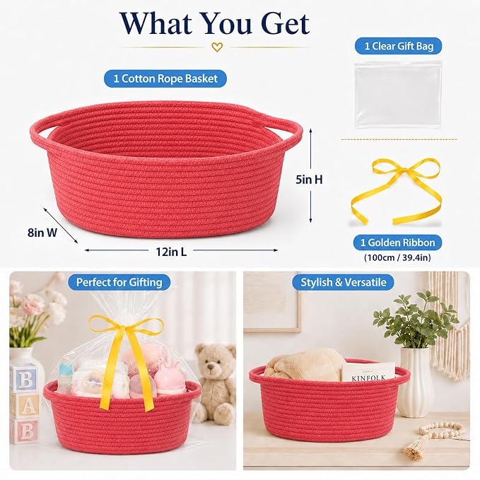 ABenkle Small Basket Empty Gift Basket, Decorative Boho Rope Woven Nursery Storage Organizer Dog Toy Baskets for Baby Showers Christmas Easter with Gift Bags and Ribbons, 12"X 8" X 5"
