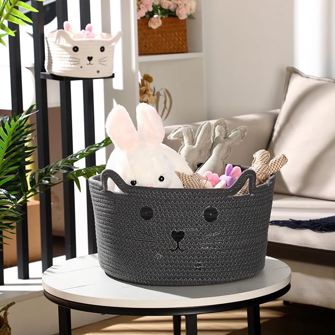 Zopeal Cat Storage Basket Woven Organizer with Ears Decorative Gift Cute Cotton Rope Pet Toy Basket for Gift Cat Dog Toy Bin Nursery Room(13.7 x 7.8 Inch,Dark Grey)