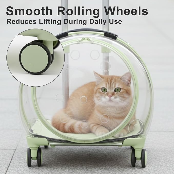 Transparent Hard Shell Cat Carrier with Wheels, Green | Rolling cat carrier, 17-lb max load, Breathable, Telescoping handle, Shoulder strap, Clear pet carrier, Portable, Travel