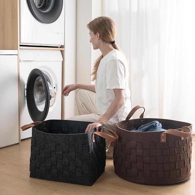 boldmonkey Laundry Basket 20 " x20 x11.8 , Large Round Blanket Basket with Leather Handle, Felt Storage Basket for Living Room, Nursery, Dog Toys-Dark Gray
