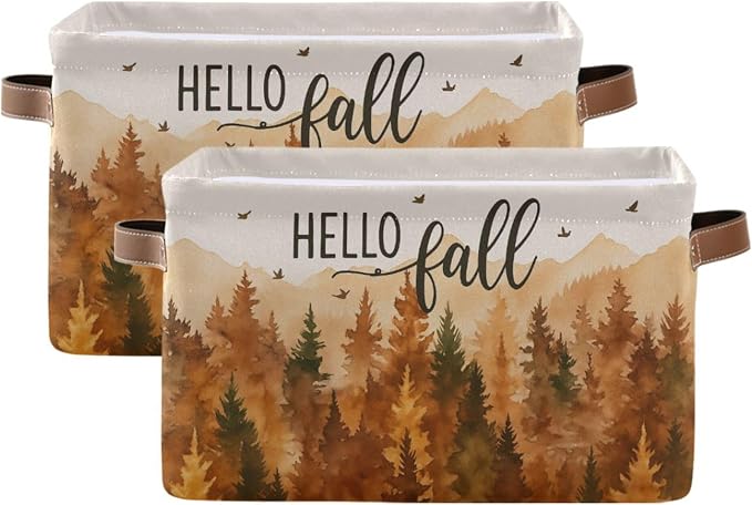 Wamika Hello Fall Forest Storage Basket with Waterproof Liner and PU Handles Maple Leaves Pine Tree Storage Bins Boxes 14.2" Collapsible Decorative Organizer Baskets for Bedroom Closet Office 2 Pack