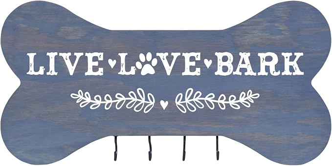 Rooms Organized Rustic Live Love Bark Wall Mounted Dog Bone Pet Leash Rack,Dog Collar Holder New Home Decor Gift Ideas and 4 Hooks 16" L x 8" H 2.5." deep (Grey)