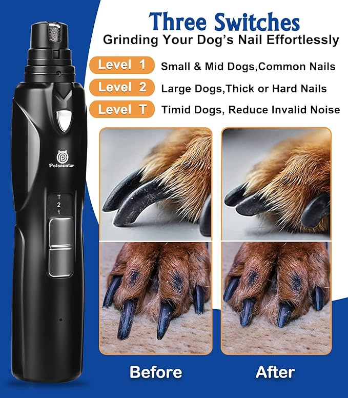 Petsaunter Dog Nail Grinder, 2-Speed and LED Light, Touch-Switch, TypeC, Quiet and Low-Vibration Dog Nail Trimmers, and 3 Ports for Large Dogs, Medium, Small Dogs Cats Pets with Hard or Thick Nail