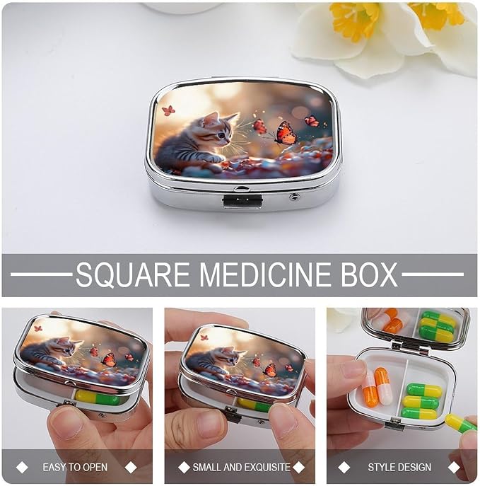Kitten with Butterfly Durable Metal Pill Case for Daily Use, 2 Slot Medicine Box Organizer,Leak Proof Travel Pill Container for Vitamins, Compact Pocket Medicine Holder for Seniors,Holiday Gift