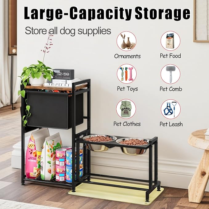 INGIORDAR Dog Bowls Elevated 3 Height Adjustable Feeding Station Storage | Metal Pet Food Feeder Dish Station Non-Slip Dog Bowl Stand Stainless Steel Food Water Bowl for Medium Large Small Dogs