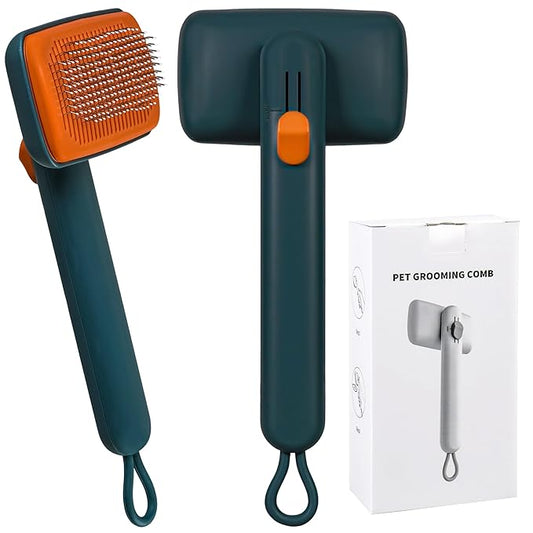 Self Cleaning Slicker Brush for Dogs Cats, One Click Hair Removal, Deshedding Brush for Long Short Haired Pets, Reduce Shedding & Remove Mats - Green