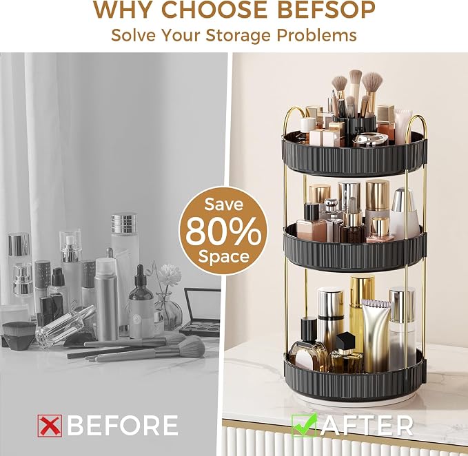 360° Rotating Makeup Organizer, Upgraded 3 Tier Skincare Perfume Organizers for Women, Bathroom Organizer Countertop, Clear Cosmetic Dresser Organizer with Makeup Brush Holder, Sink&Counter(Black)