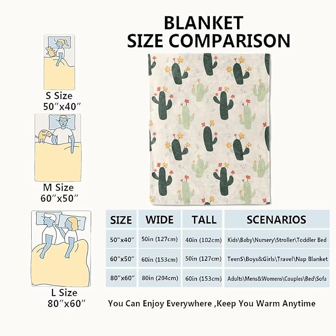 Cactus Blanket,60x80in,Cute Pastel Cacti with Blooming Flower Throw Blankets,Gifts for Kids Girls Women, Lightweight Soft Fleece Cozy,for Sofa Couch Bed Room Travel Southwestern Modern Decor