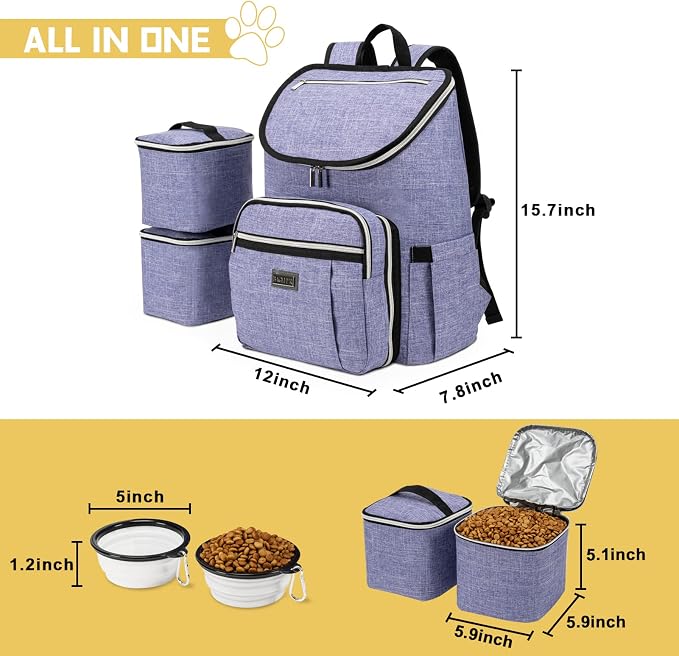 BAGLHER Travel Dog Backpack - Detachable Travel Dog Food Container for Pet Supplies Dog Gear Backpack,Dog Bag for Traveling with 2 Silicone Collapsible Bowls and 2 Food Baskets Purple
