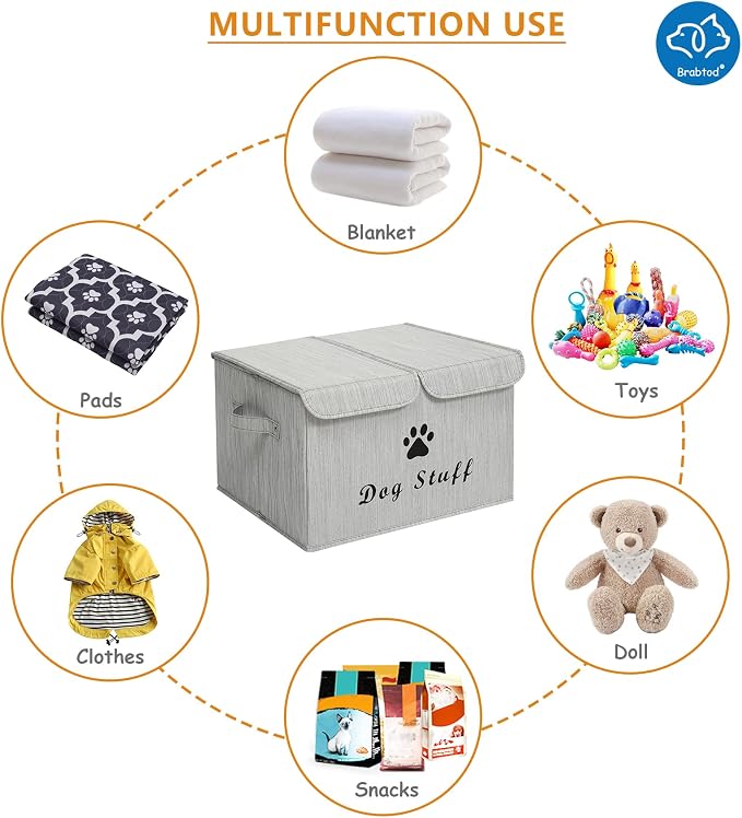 Large Dog Toys Storage Box Canvas Storage Basket Bin Organizer with Lid - Collapsible Linen Bin Ideal for Organizing Dog Cat Toys and pet Stuff-PP Boad-17" x 12" x 10" - Slub Gray