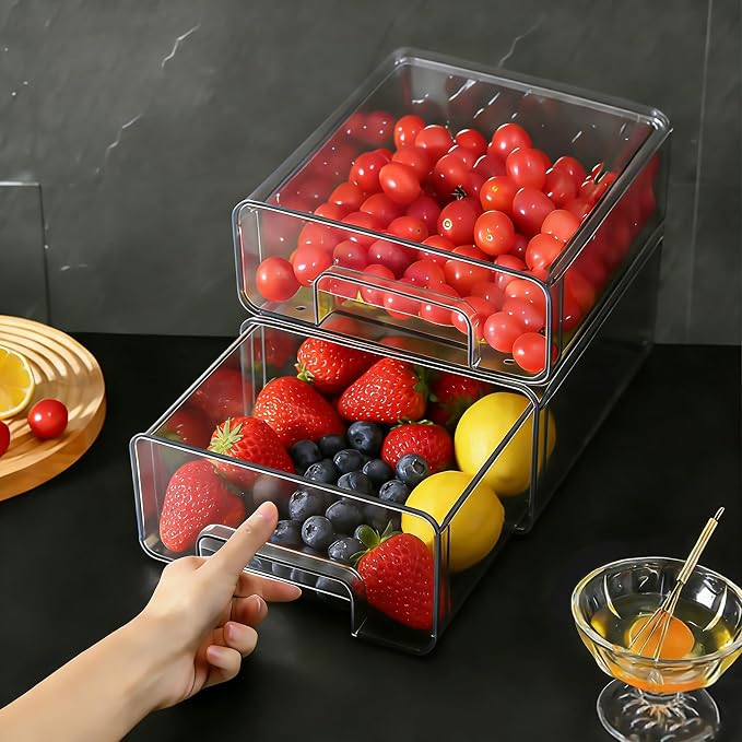 2 Pack Fridge Drawers with Lids, Stackable Pull-Out Food Bins with Lid & Vent System, PET Containers for Fruits, Veggies & Canned Goods - Versatile for Refrigerator, Freezer & Pantry