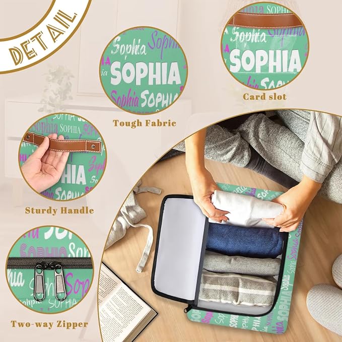 Personalized Kids Toy Box with Name, Custom Nursery Baskets Cubes Box with Zipper Lid, Kids Custom Storage Basket Laundry Baskets Organizer with Handles, Light Green Solid Color