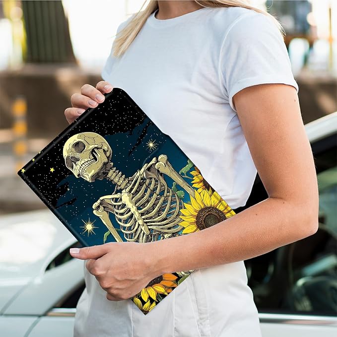 Rotating Handle Case for Samsung Galaxy Tab A8 10.5" 2022 (SM-X200/X205/X207), 360 Degree Swivel Kickstand with Magnetic Closure Shockproof Leather Cover for Women Men, Dark Skull Sunflower