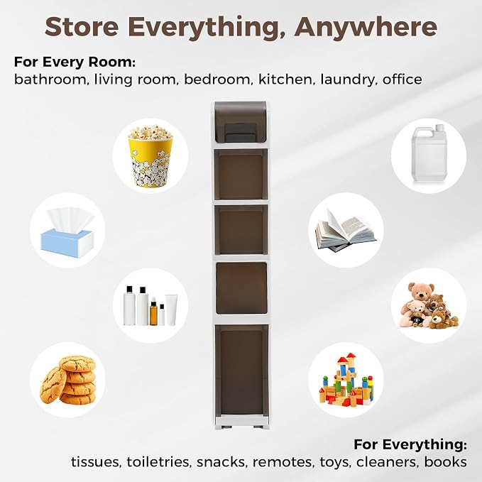 Slim Bathroom Storage Cabinet with Trash Can, Narrow Movable Waterproof Bathroom Floor Cabinet with Toilet Paper Holder for Bathrooms Toilet (15.1 * 6.9 * 37.8in)