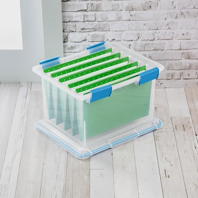 Sterilite Gasket Storage Box with Lids for Home & Office, 32 Quart, 12-Pack | Heavy-Duty, Stackable, and Organizing Containers for Bathroom, Cabinet, Closet, and Garage, Clear and Blue Aquarium Latches