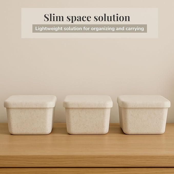 SortJoy The Sculpted Bin - Petite with Lid Set of 3 Storage Bin Felt Storage Basket Drawer Organizer Clothes Closet Cabinet Bathroom, Pantry, Kitchen Bin: 6.3" x 6.3" x 4.5" (Stone, Oatmeal)