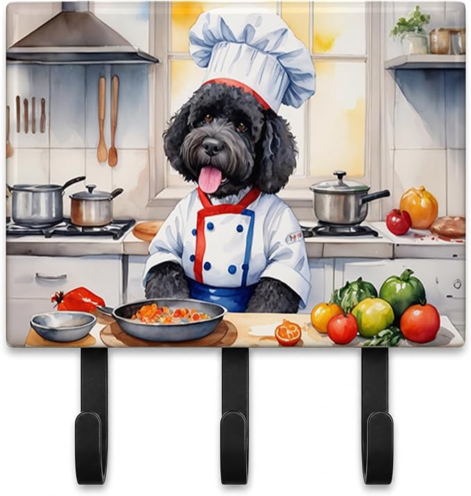 Caroline's Treasures Portuguese Water Dog The Chef Leash or Key Holder Wall Hooks, Key Hooks Holder, Coat Rack Wall Mount, Coat Hooks, Hooks for Hanging Keys, Towels, Aprons, Leashes | Portuguese Water Dog The Chef artwork on ceramic tile with three st...
