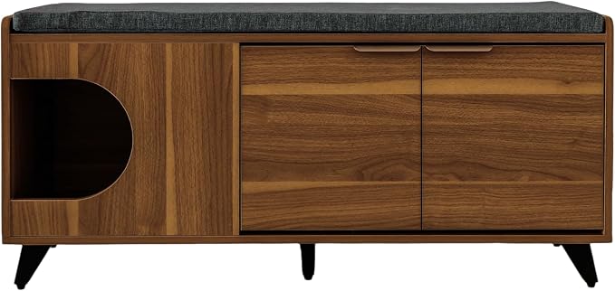 4 Cats & Dogs Tucker Shoe Cabinet – Multi-Functional Crate with Cushioned Bench Seat, Pet Nook & Hidden Cat Litter Box Storage, Modern Hallway Furniture 43” x 14” x 20”- Walnut