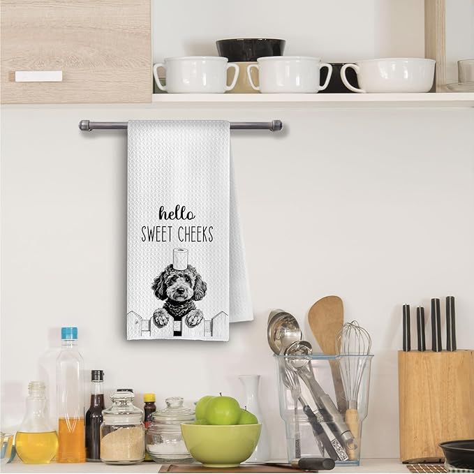 Farmhouse Funny Poodle Dog Hand Towels, Hello Sweet Cheeks Bathroom Decor, Gifts for Poodle Lovers Decorative Hand Towels for Bathroom Washroom Restroom, 16x24 Inch