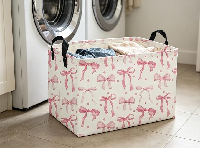 Pink Baskets Girls Basket Rectangular Cute Storage Bin for Room Decor(Pink bownot)