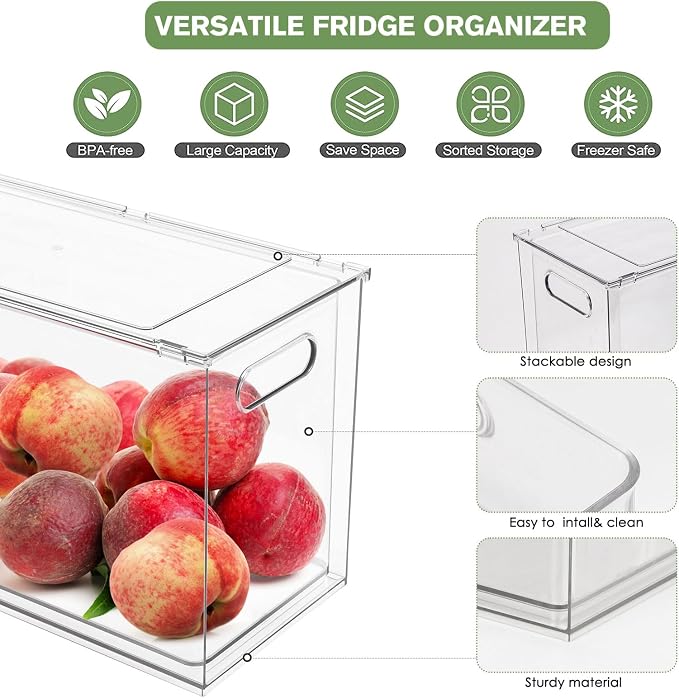 9.5QT Refrigerator Organizer Fridge Storage Bin with Pull-out Drawer, Large | Plastic Fridge Organizers with Handle, Stackable Fruit Vegetable Storage Containers for Kitchen Bathroom Pantry, Under Sink