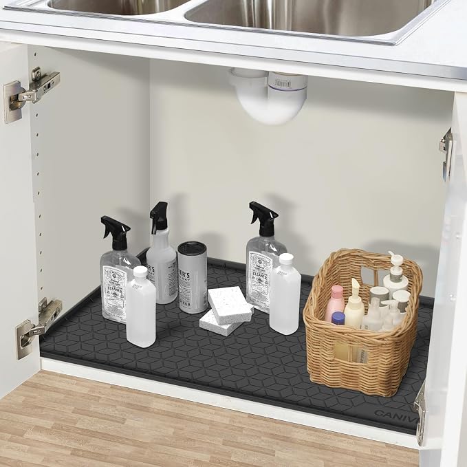 Under Sink Mat, 28"x22" Waterproof Tray for Cabinet, Holds 3 Gal | Silicone, Fits 36 inch Standard Cabinet,Leakproof & Easy Clean, Ideal for Kitchen & Laundry, Protects Shelf from Water Damage