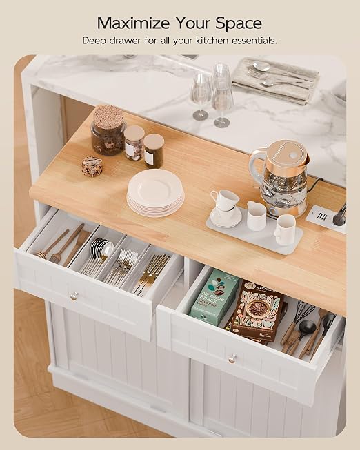 Betterhood Double Tilt Out Trash Cabinet with Power Outlet & USB, Hidden Garbage Can Holder with 2 Storage Drawers, Wooden Laundry Hamper for Kitchen, Bathroom, Living Room, White