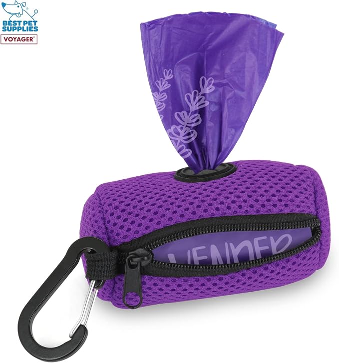 Best Pet Supplies Dog Poop Bag Holder Leash Attachment with Reusable Dispenser for Travel, Walking, Park, and Outdoor Use, Durable with Clip-On - Purple, Mesh Dispenser w/15 Bags
