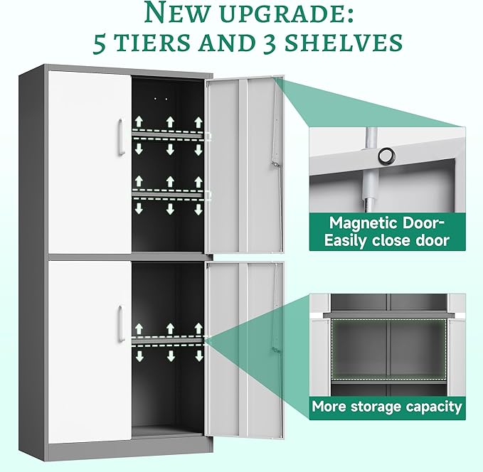 Metal Storage Cabinet with Lock Door, Adjustable Shelf Steel Cabinets for Office, Home,Pantry,Kitchen,Garage Utility Cabinet (4 Door-White&Gray)