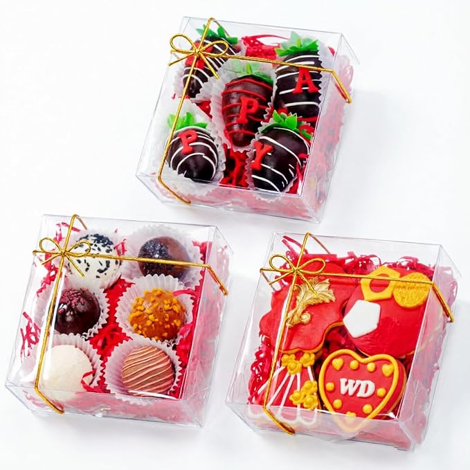 RomanticBaking 15PCS 5x5x2 Inches Full Clear Gift Boxes Party Wedding Favor | Clear Treat Boxes for Cookies,Mini Bundt, Cake,Pie ,Cinnamon Roll, Chocolate Truffle,Chocolate Covered Strawberries